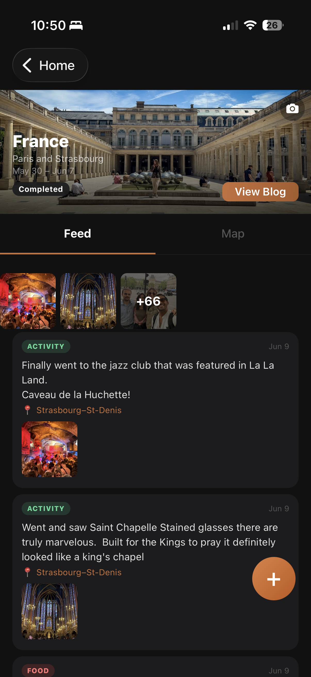 Trip feed — notes with categories, locations, and a map toggle.
