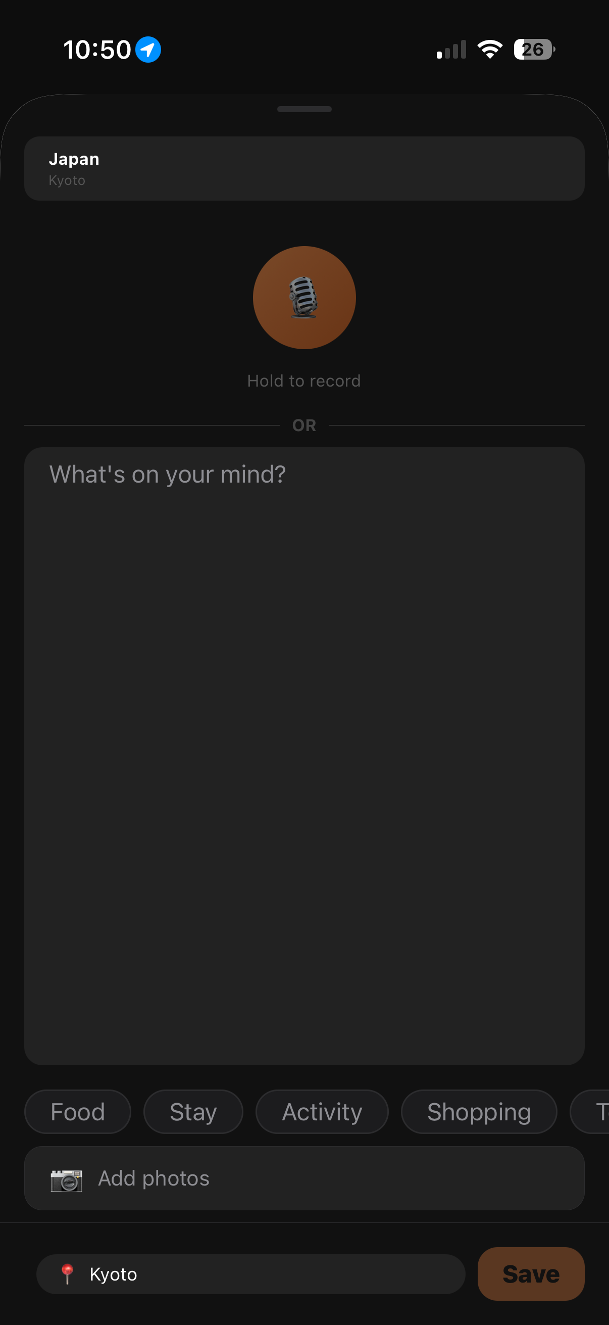 Voice-first capture — hold to record, or type; auto-tagged by category.