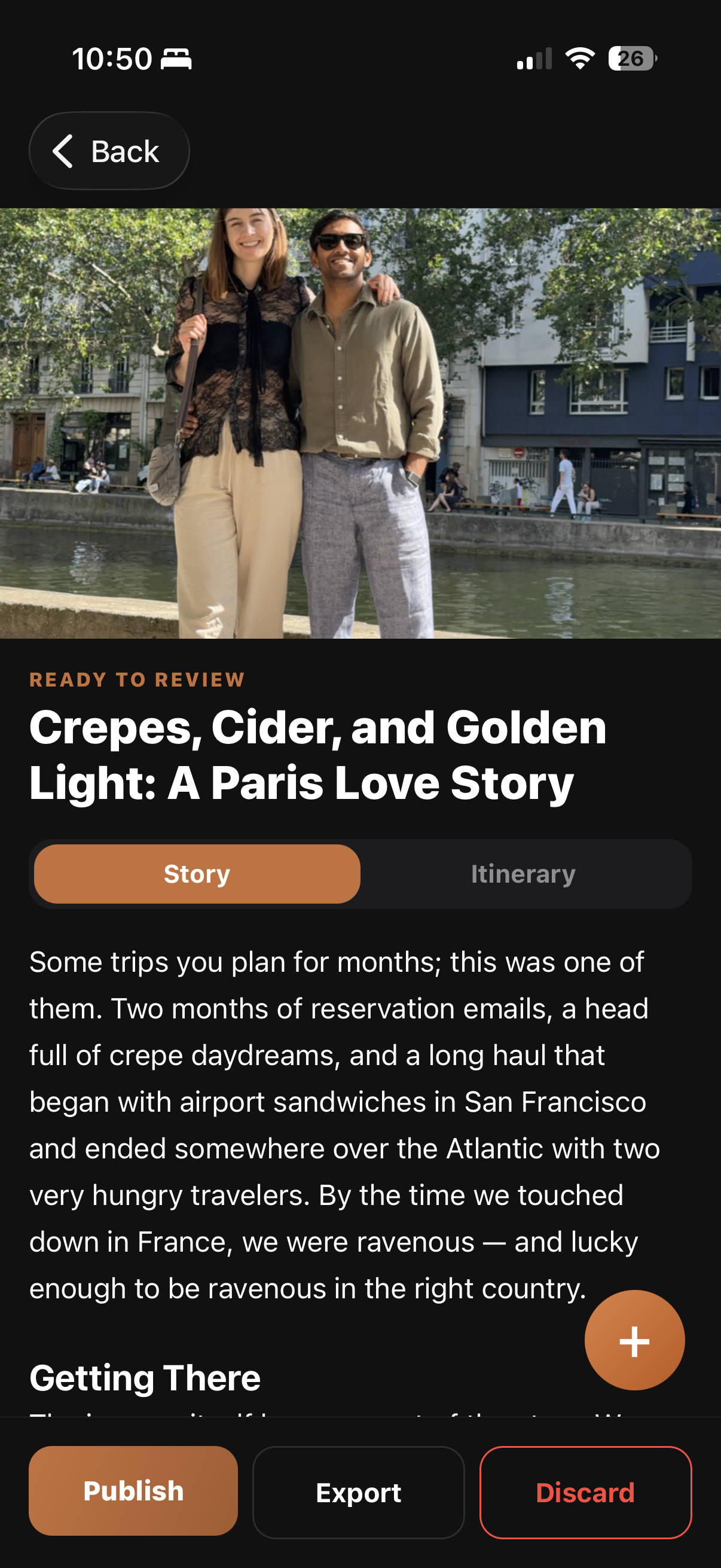 The generated story — narrative written from your notes and photos.