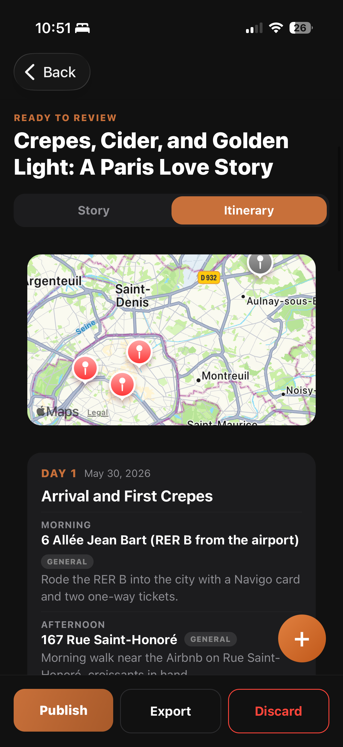 Itinerary view — a day-by-day plan with a category-pinned map.